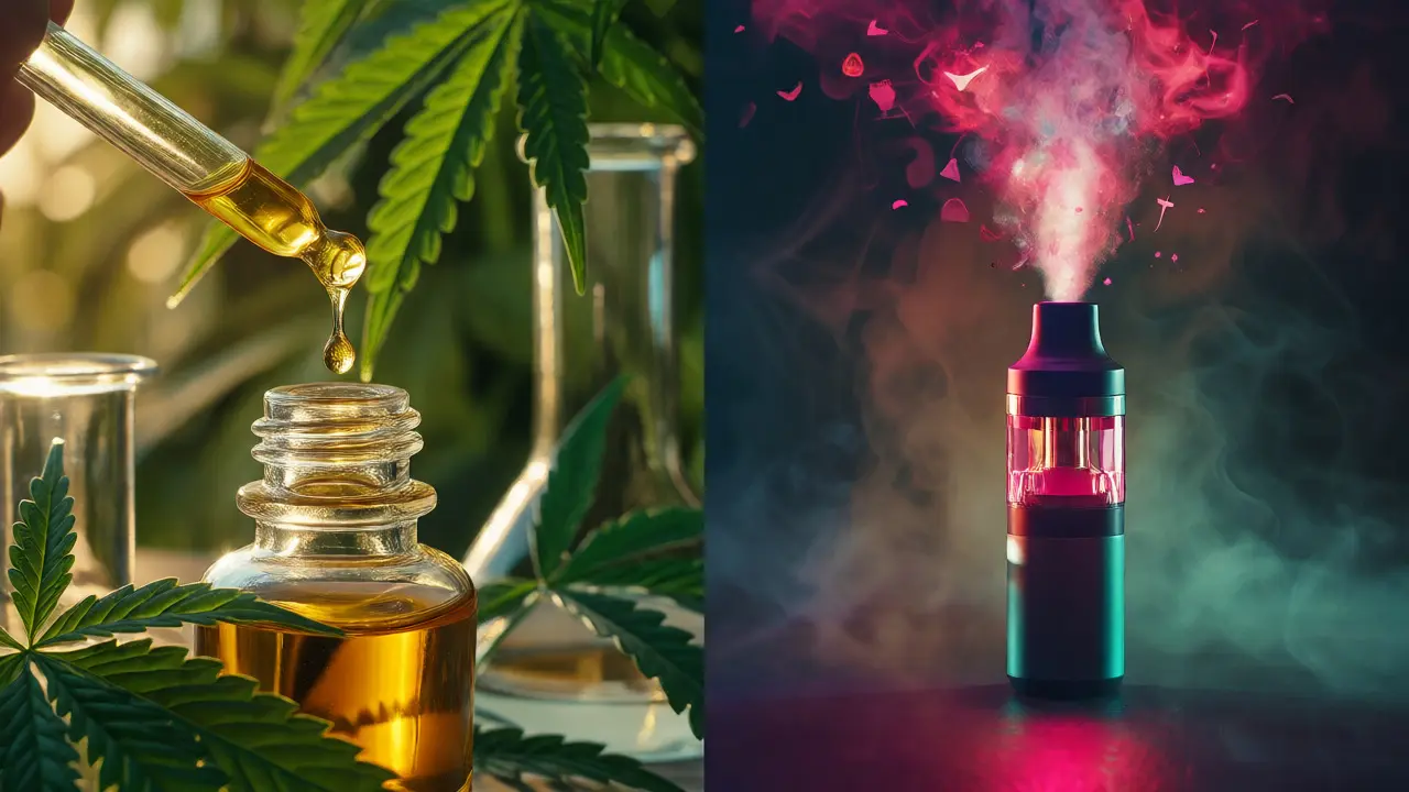 Rozdělená scéna porovnávající bezpečné CBD oleje s riziky nekvalitních vape kartridží.