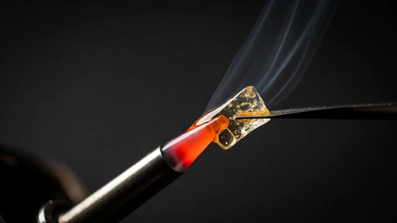 Roztápění kusu CBD shatteru na žhavém hrotu dab rig s stoupající párou