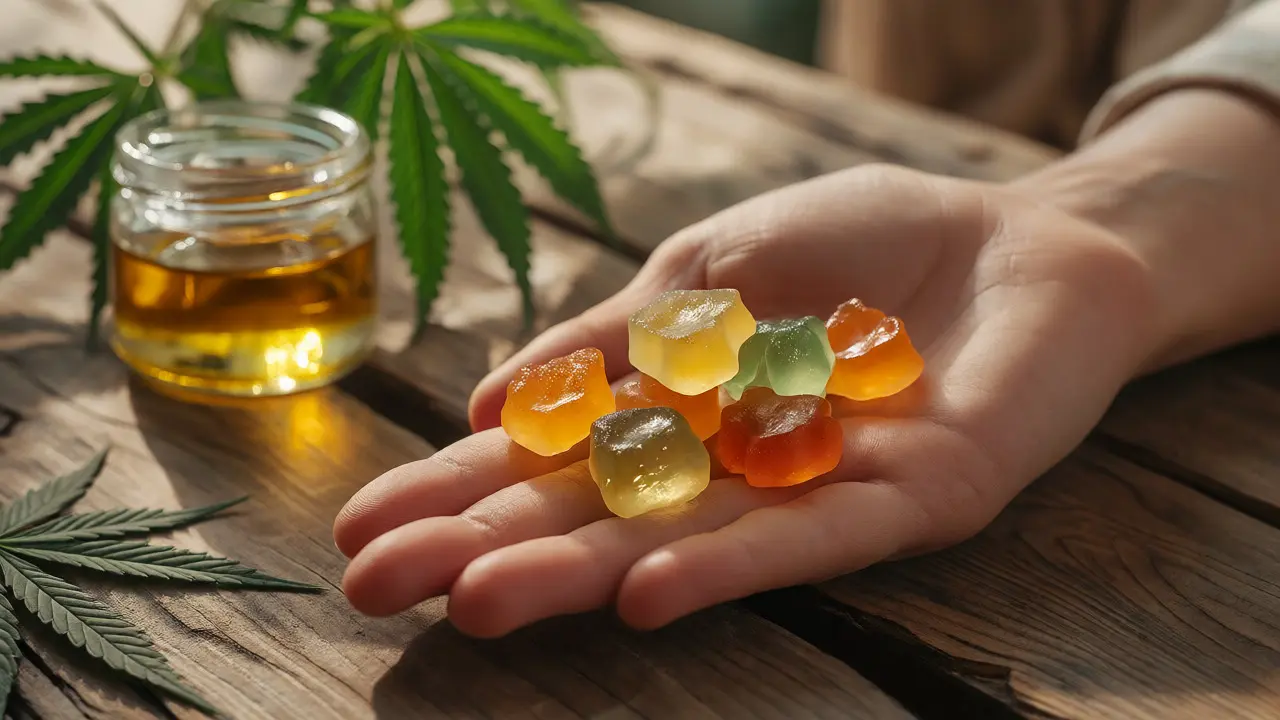 Ruka držící CBD gummies na dřevěném stole