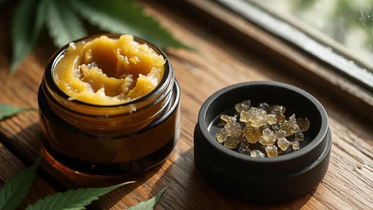 Sklenice s CBD waxem a kousky shatteru na dřevěném stole v přirozeném světle