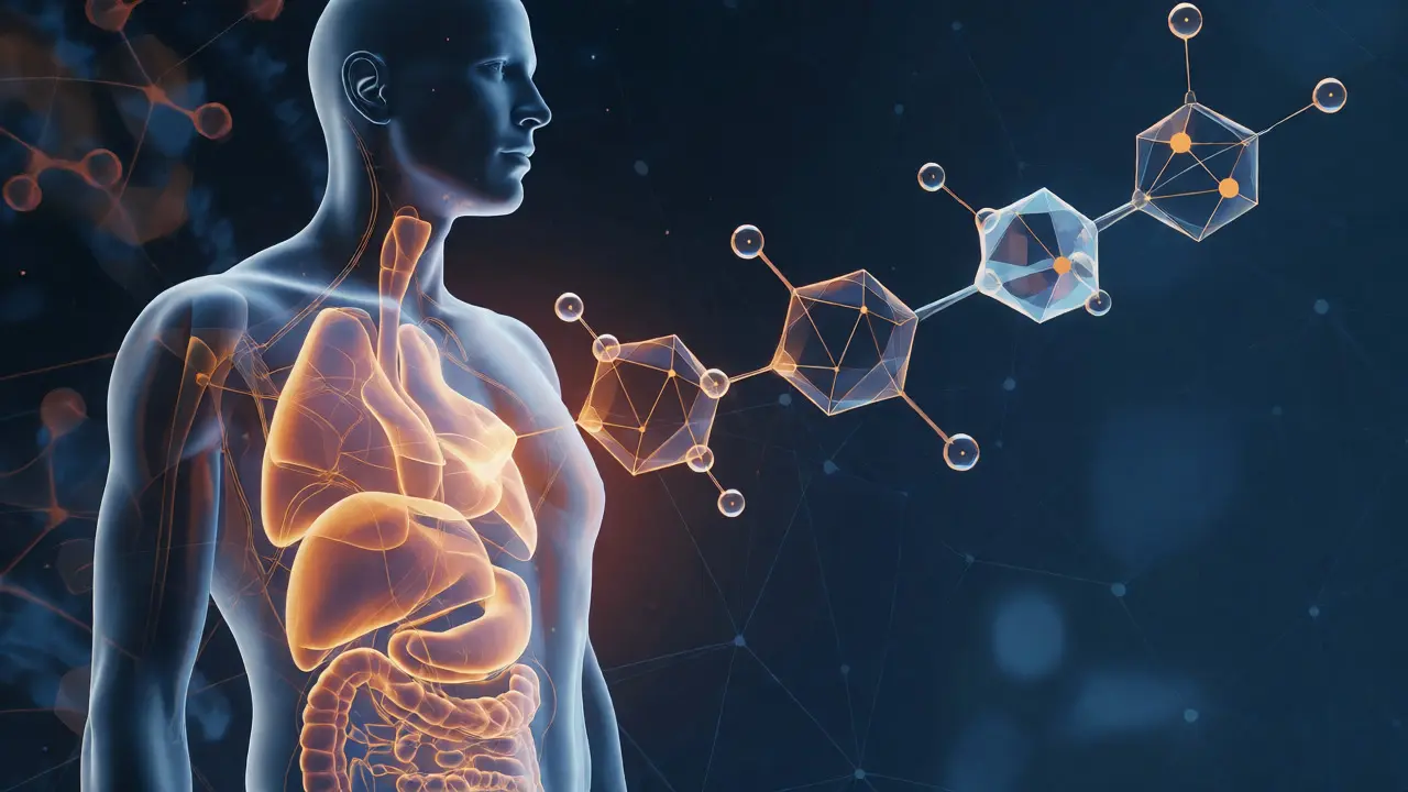 Umělecká vizualizace lidského metabolismu a molekul kanabinoidů pro neuroprotekci.